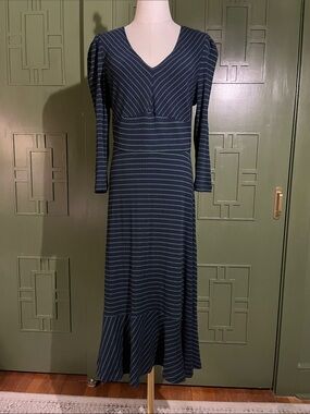 Maeve Navy and Green Striped V-Neck Long Sleeve Midi Dress